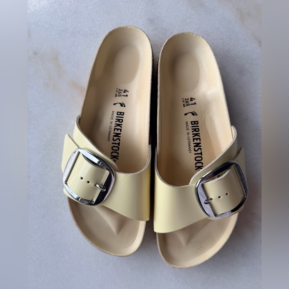 Birkenstock Butter Yellow Slide Sandals with Silver Buckle size 41